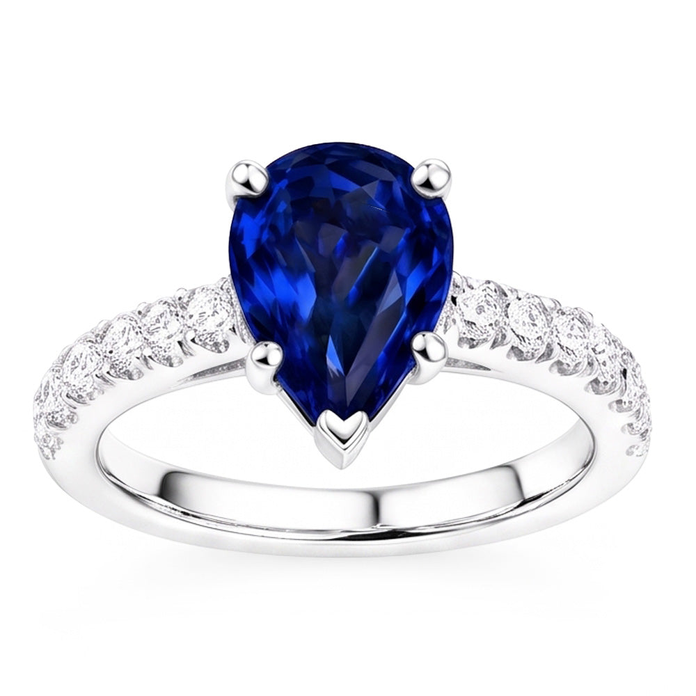 Anello Solitario Diamante Naturale Autentico ( non creato in laboratorio ) Con Accenti Zaffiro Ceylon Taglio Pera 4 Carati