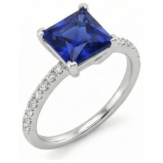 Anello Solitario Diamante Principessa Blu Zaffiro Con Accenti 5.50 Carati