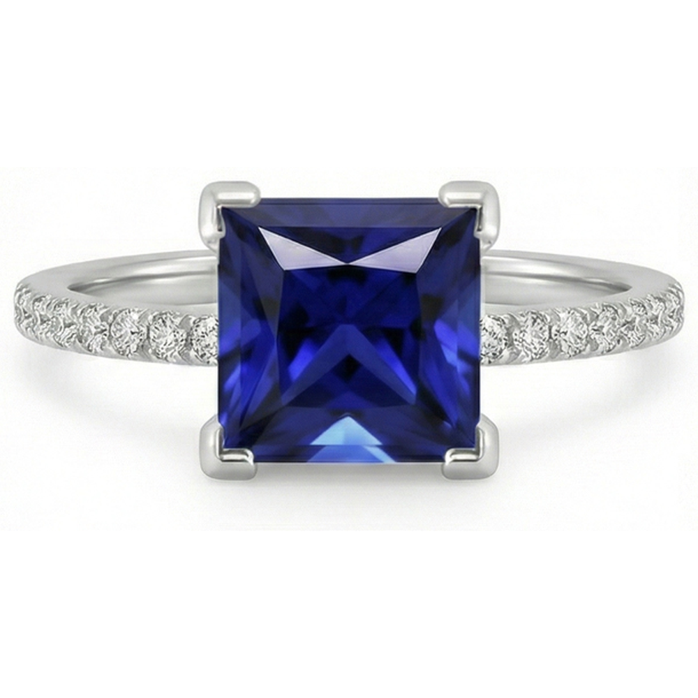Anello Solitario Diamante Principessa Blu Zaffiro Con Accenti 5.50 Carati