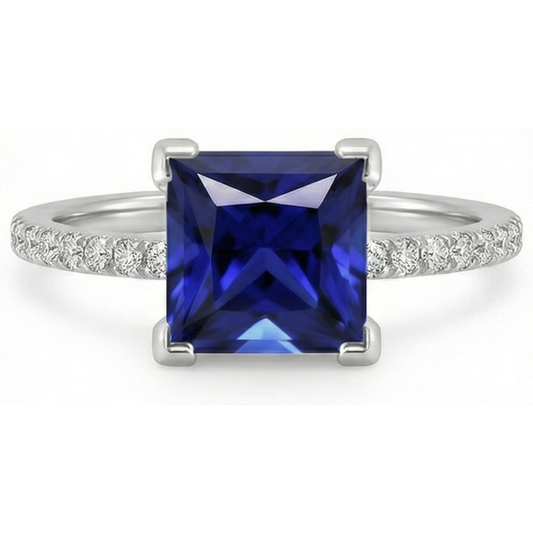 Anello Solitario Diamante Principessa Blu Zaffiro Con Accenti 5.50 Carati