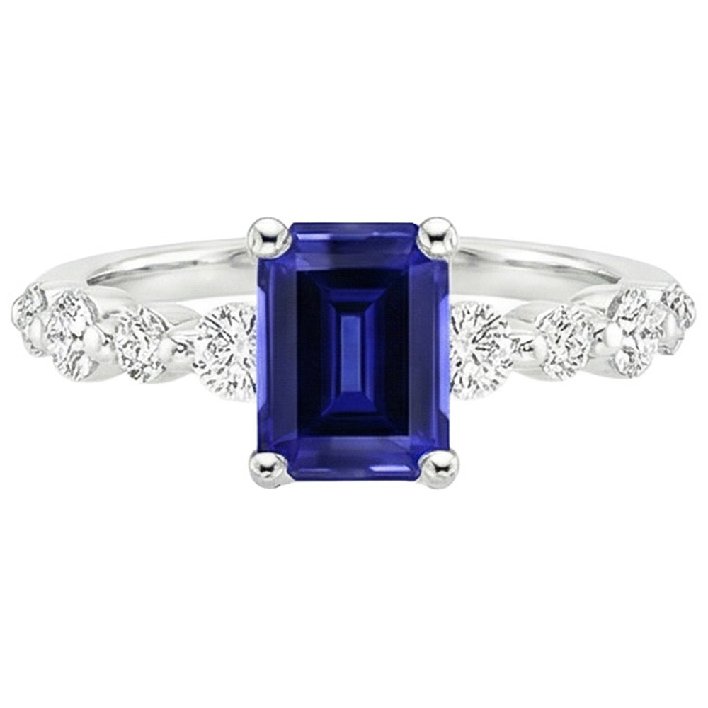 Anello Solitario Diamante con Accenti Zaffiro Blu Smeraldo 4.50 Carati