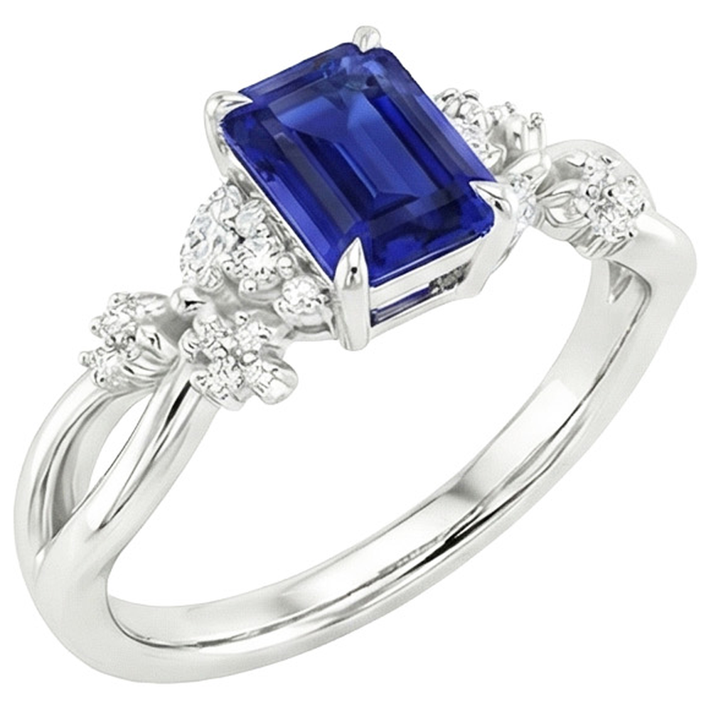 Anello Solitario Diamante con Accenti Zaffiro Blu Smeraldo 4 Carati
