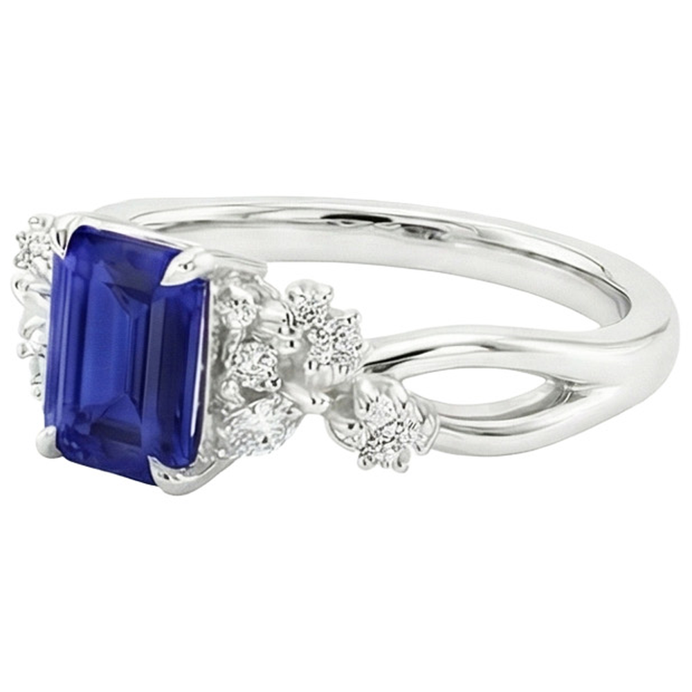Anello Solitario Diamante con Accenti Zaffiro Blu Smeraldo 4 Carati
