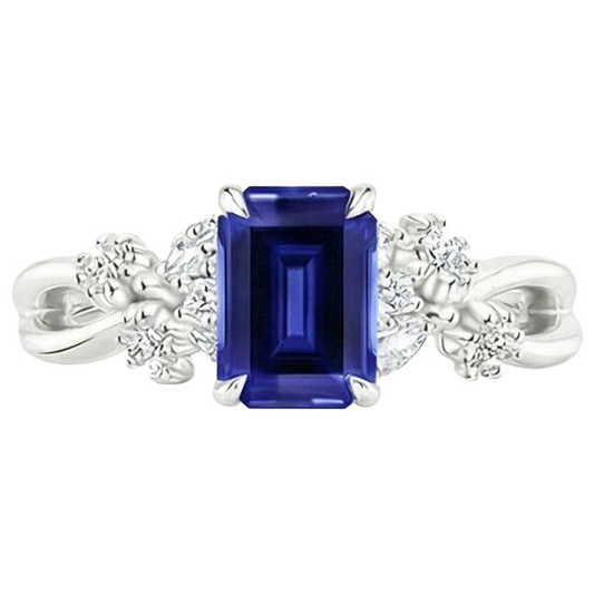 Anello Solitario Diamante con Accenti Zaffiro Blu Smeraldo 4 Carati