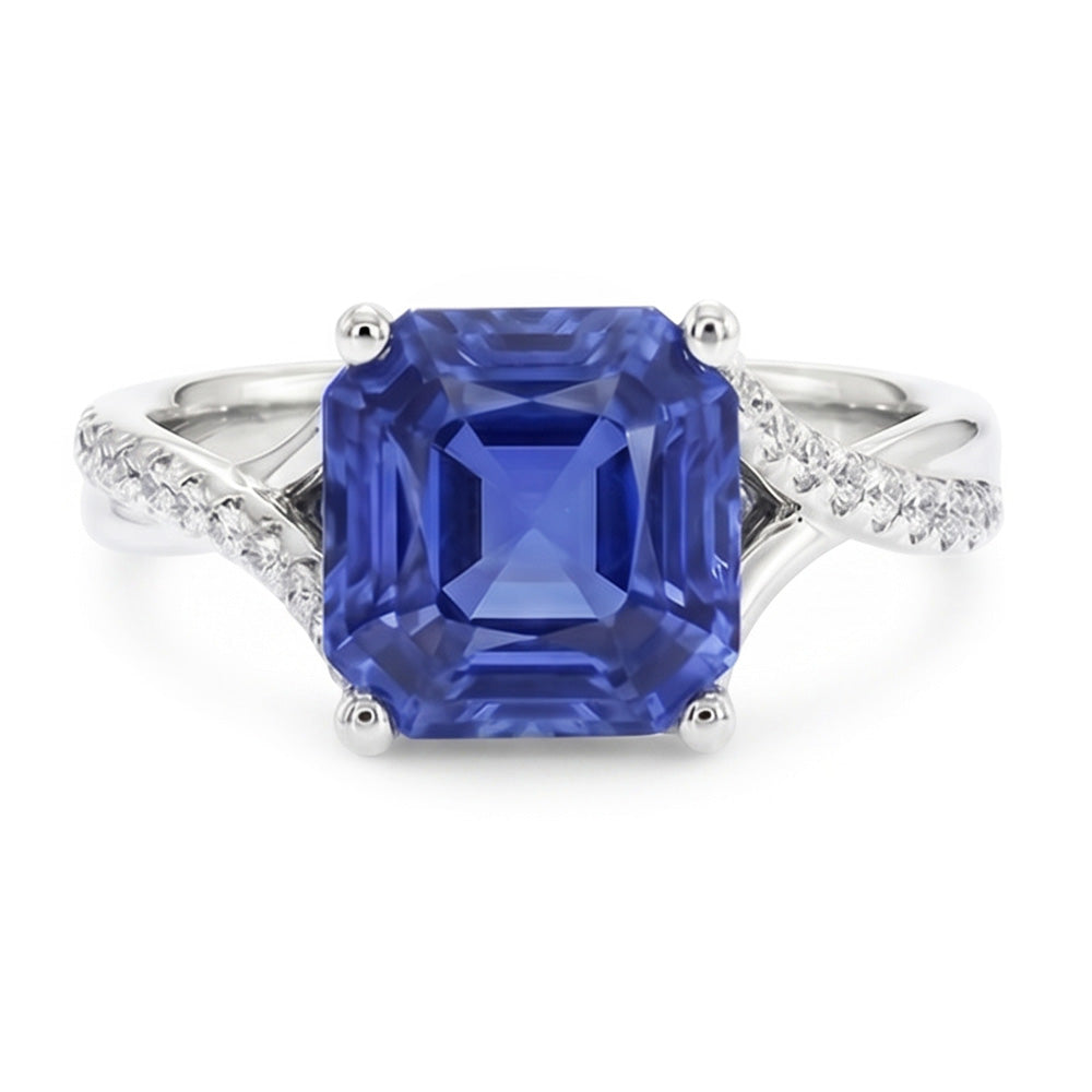 Anello Solitario In Oro Bianco Con Zaffiro Blu Con Accenti 4.50 Carati
