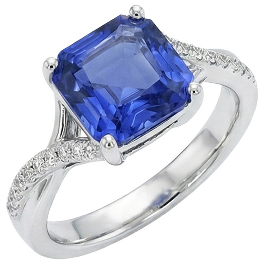 Anello Solitario In Oro Bianco Con Zaffiro Blu Con Accenti 4.50 Carati