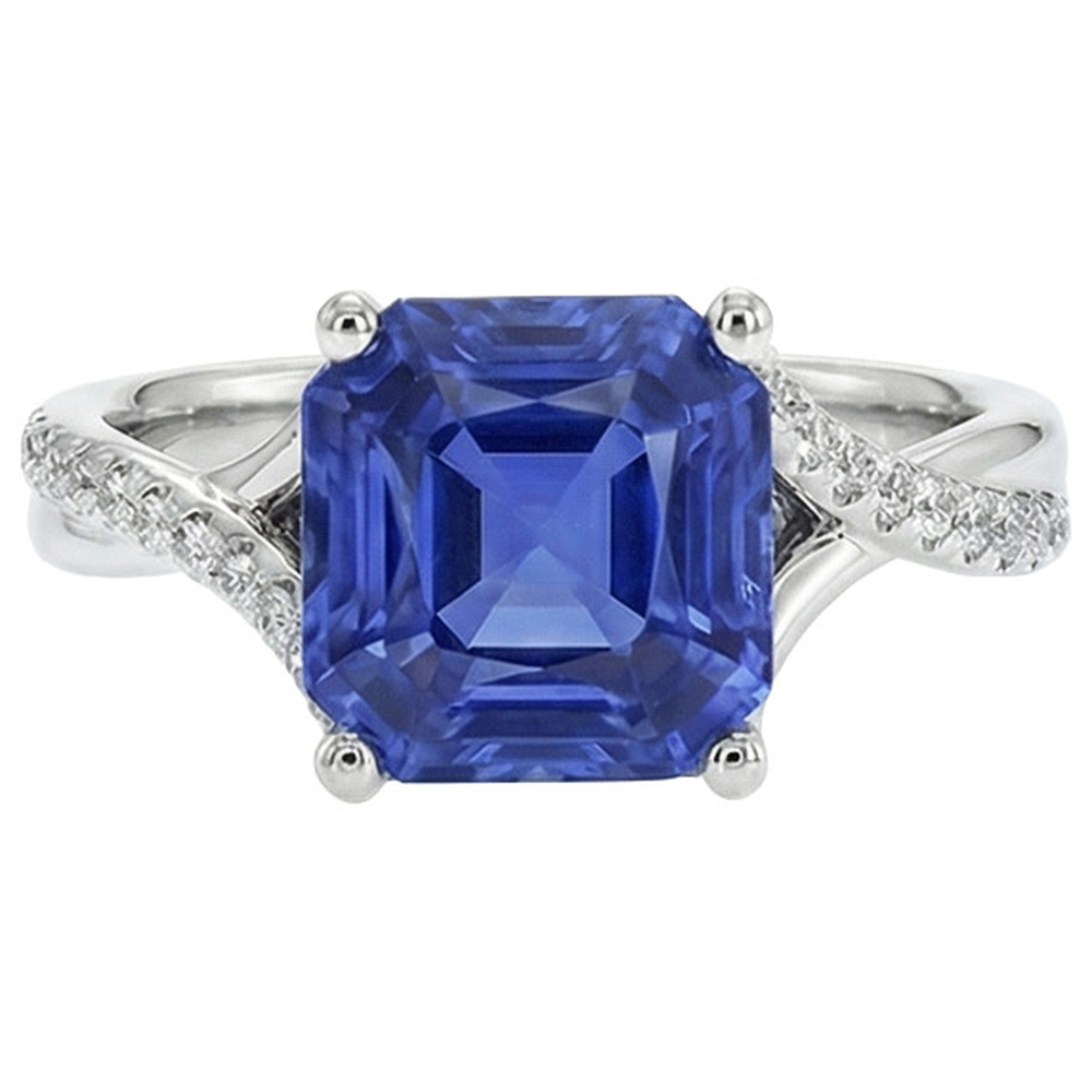 Anello Solitario In Oro Bianco Con Zaffiro Blu Con Accenti 4.50 Carati