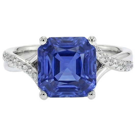 Anello Solitario In Oro Bianco Con Zaffiro Blu Con Accenti 4.50 Carati