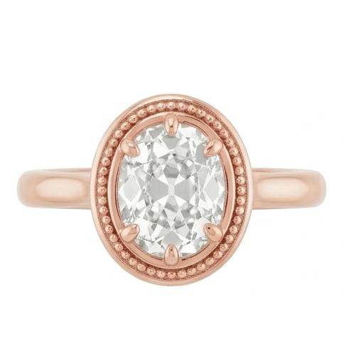 Anello Solitario In Oro Rosa Stile Ovale Con Perline Di Genuino Diamanti Naturali Autentici ( non creati in laboratorio ) Taglio Antico 4 Carati