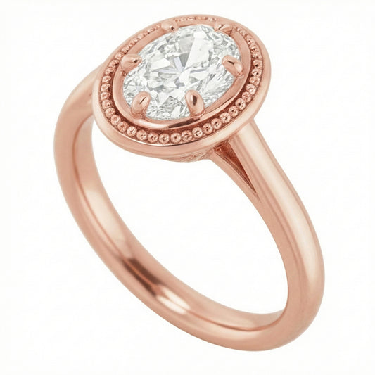 Anello Solitario In Oro Rosa Stile Ovale Con Perline Di Genuino Diamanti Naturali Autentici ( non creati in laboratorio ) Taglio Antico 4 Carati