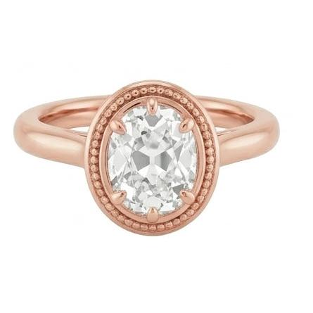 Anello Solitario In Oro Rosa Stile Ovale Con Perline Di Genuino Diamanti Naturali Autentici ( non creati in laboratorio ) Taglio Antico 4 Carati