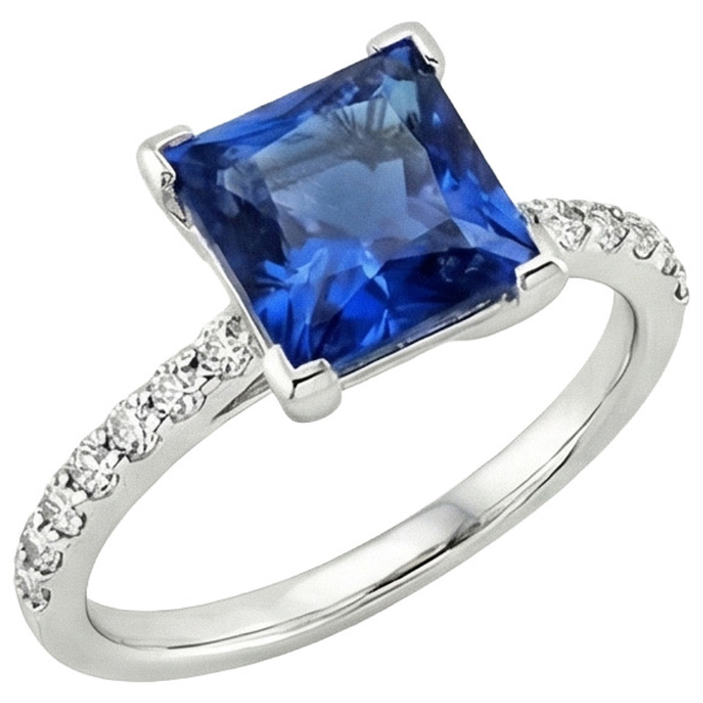 Anello Solitario Oro Bianco Ceylon Zaffiro Blu Con Accenti 4 Carati