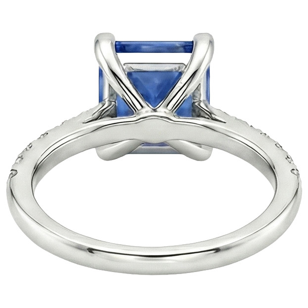 Anello Solitario Oro Bianco Ceylon Zaffiro Blu Con Accenti 4 Carati