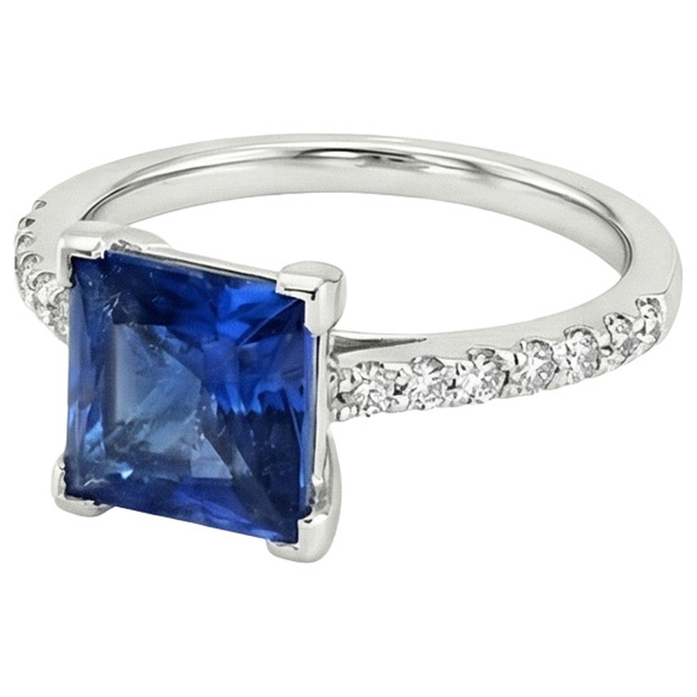 Anello Solitario Oro Bianco Ceylon Zaffiro Blu Con Accenti 4 Carati