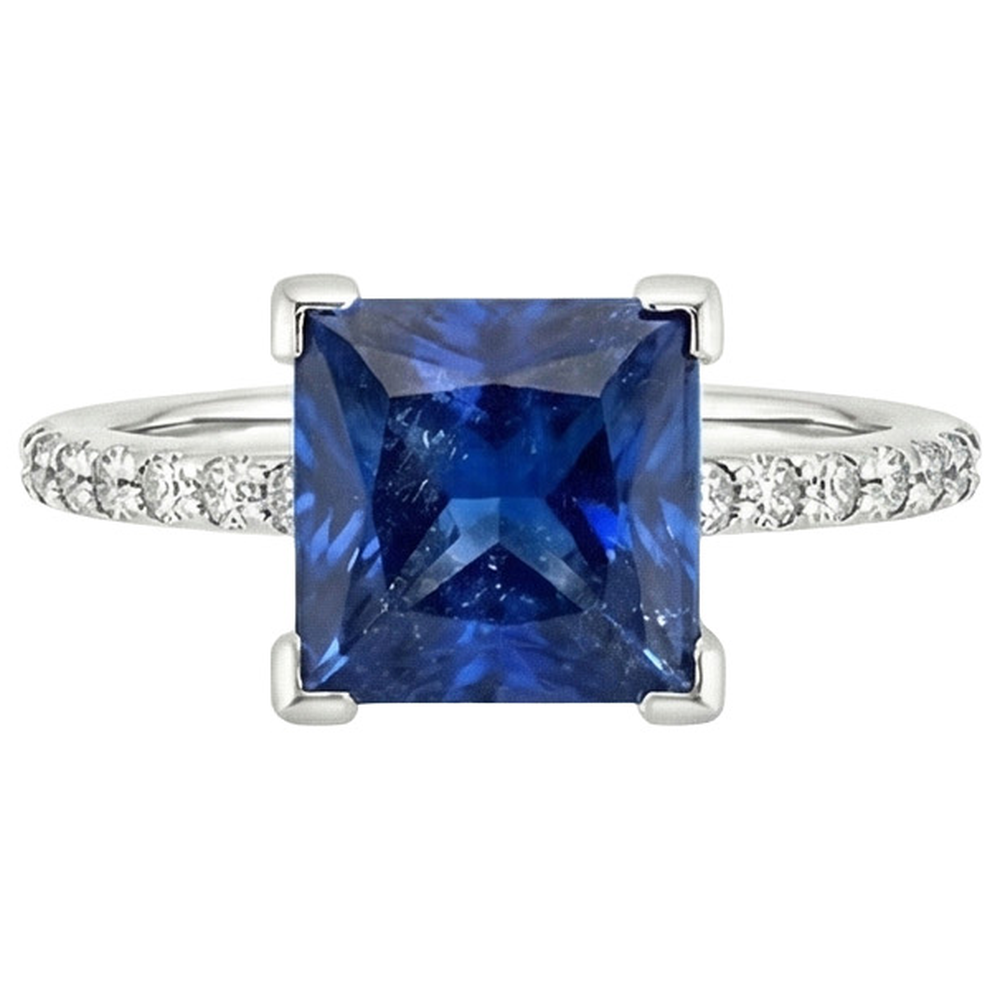 Anello Solitario Oro Bianco Ceylon Zaffiro Blu Con Accenti 4 Carati