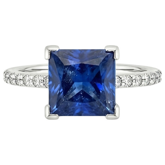 Anello Solitario Oro Bianco Ceylon Zaffiro Blu Con Accenti 4 Carati