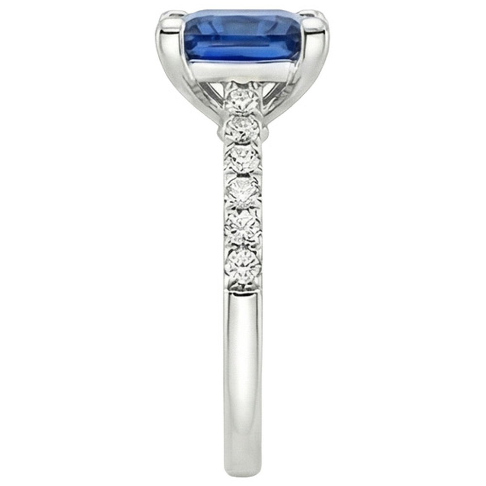 Anello Solitario Oro Bianco Ceylon Zaffiro Blu Con Accenti 4 Carati