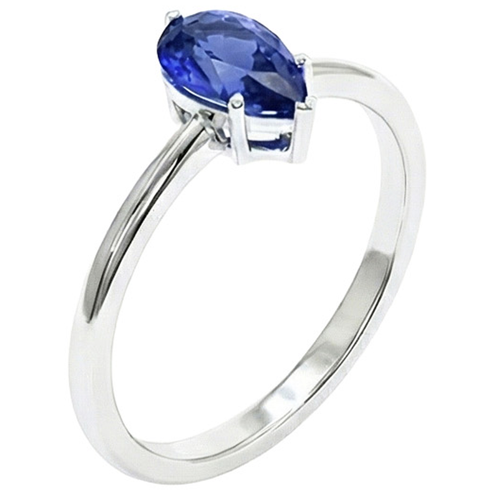 Anello Solitario Oro Bianco Stile Teardrop Pera Zaffiro Blu 2 Carati
