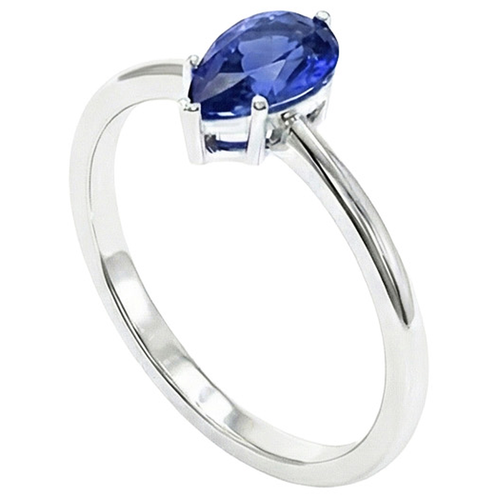 Anello Solitario Oro Bianco Stile Teardrop Pera Zaffiro Blu 2 Carati
