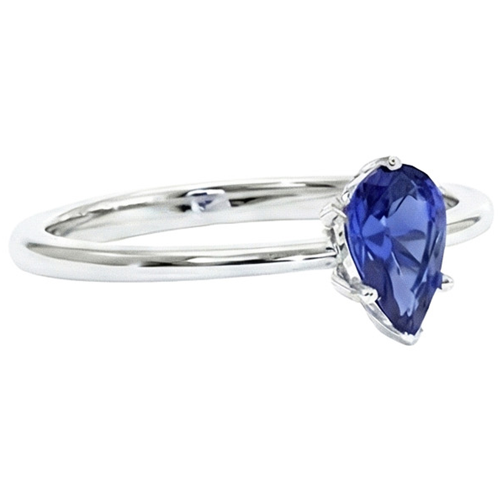 Anello Solitario Oro Bianco Stile Teardrop Pera Zaffiro Blu 2 Carati