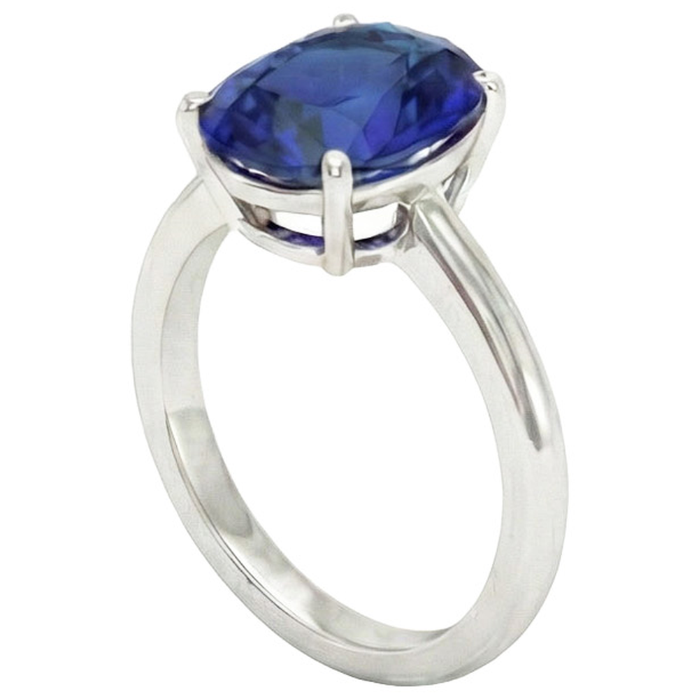 Anello Solitario Ovale Oro Bianco Zaffiro Blu Ceylon 4.50 Carati