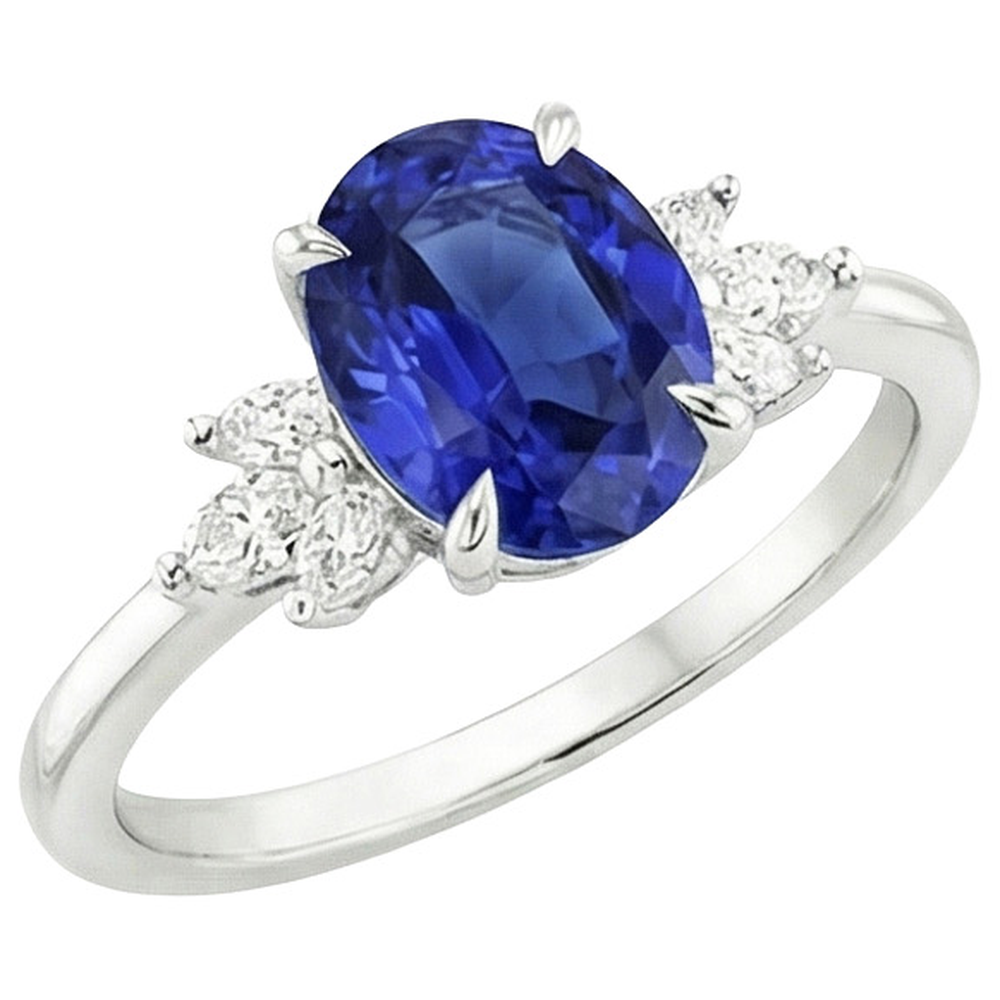 Anello Solitario Ovale Zaffiro Blu Con Pietre Laterali Pera 4.50 Carati