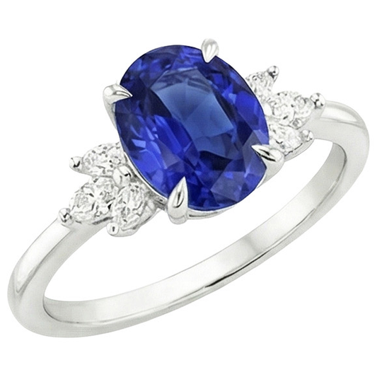 Anello Solitario Ovale Zaffiro Blu Con Pietre Laterali Pera 4.50 Carati