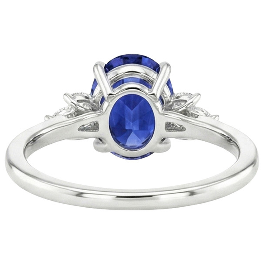 Anello Solitario Ovale Zaffiro Blu Con Pietre Laterali Pera 4.50 Carati