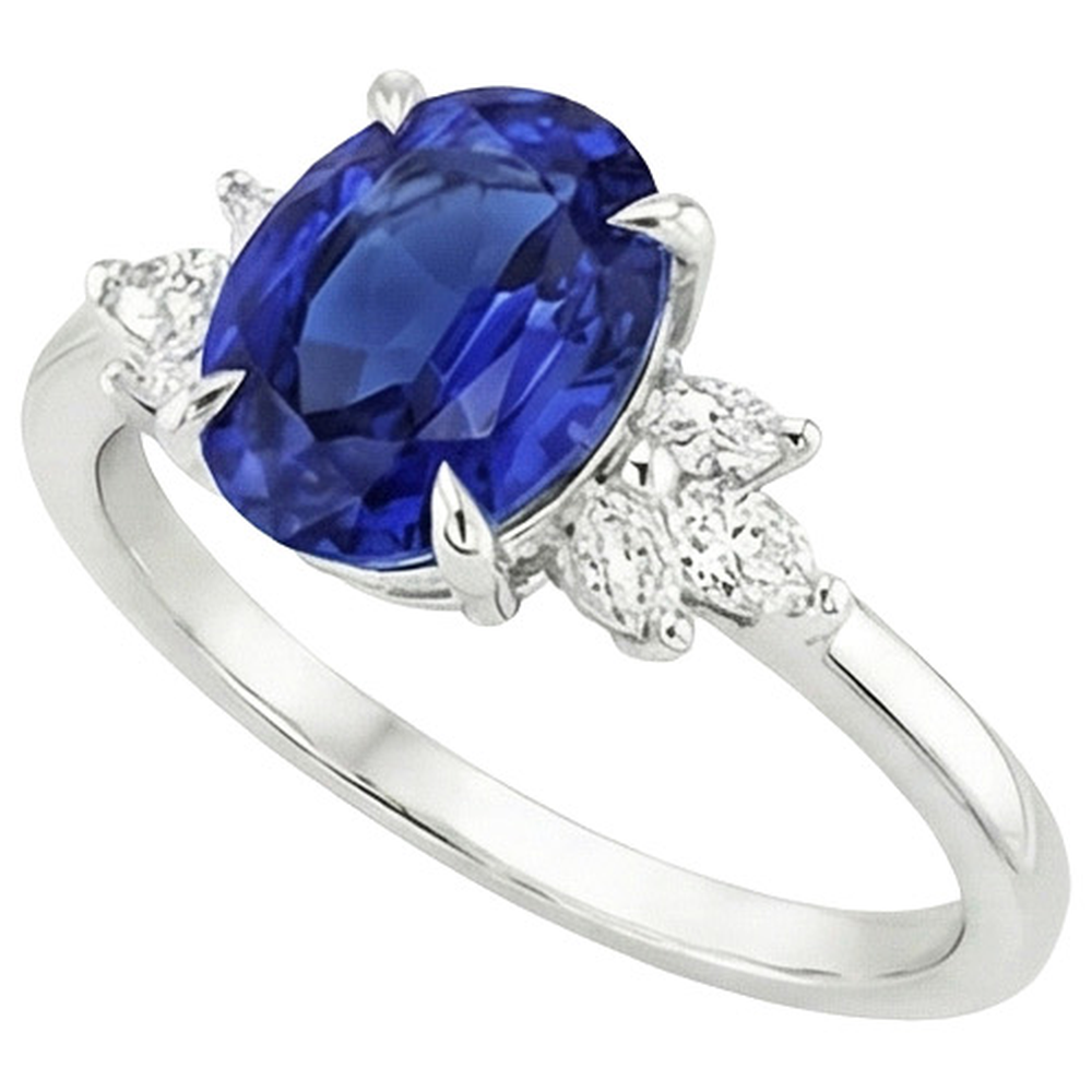 Anello Solitario Ovale Zaffiro Blu Con Pietre Laterali Pera 4.50 Carati