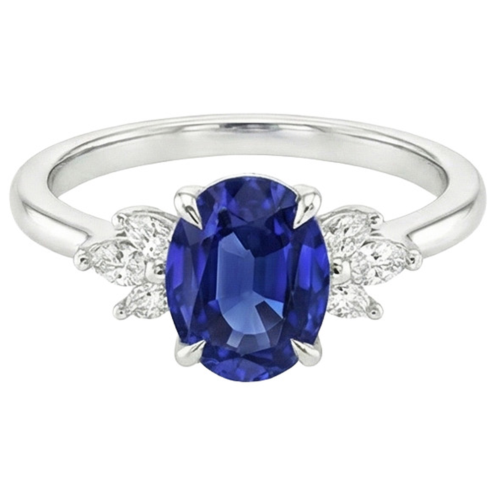 Anello Solitario Ovale Zaffiro Blu Con Pietre Laterali Pera 4.50 Carati