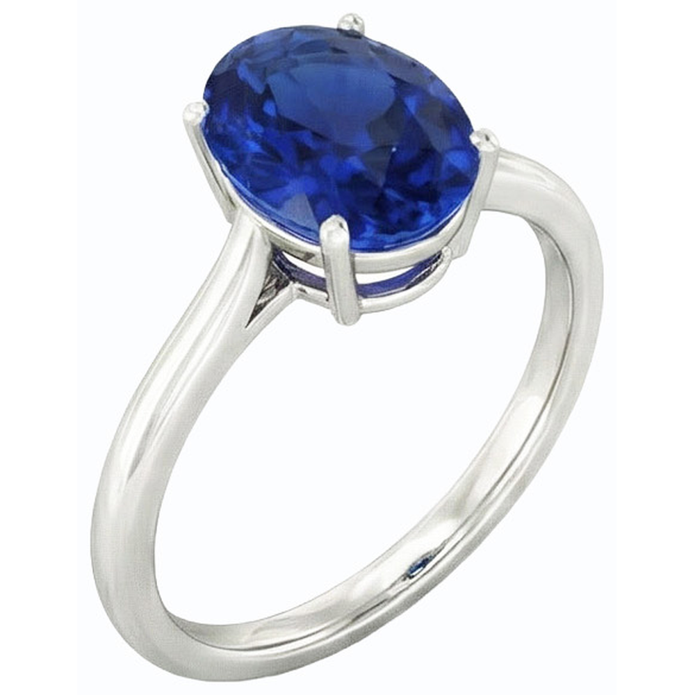 Anello Solitario Ovale Zaffiro Blu Scuro 2 Carati Oro Bianco
