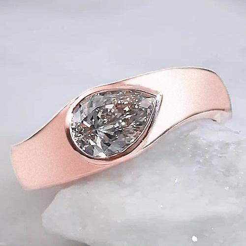 Anello Solitario Pera Reale Diamante 2 Carati Oro Rosa Legno Grano Metallo