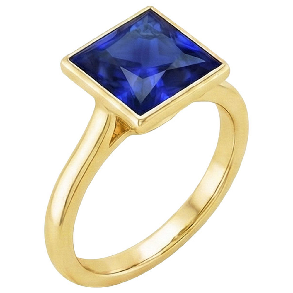Anello Solitario Princess Bezel Set Blu Zaffiro 5 Carati Oro Giallo
