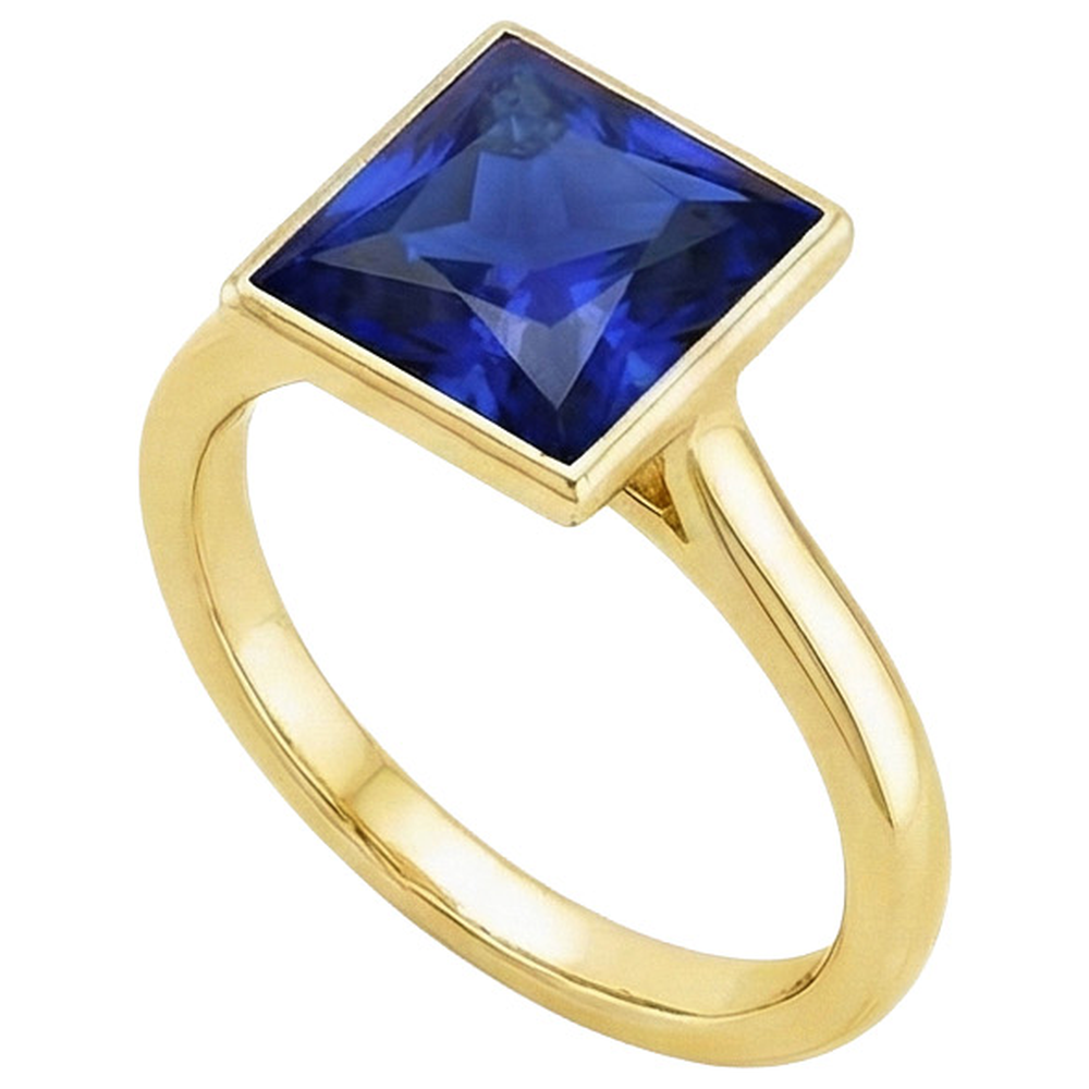 Anello Solitario Princess Bezel Set Blu Zaffiro 5 Carati Oro Giallo