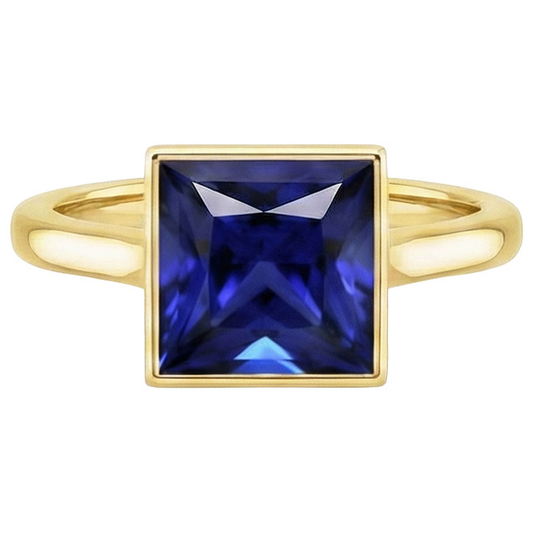 Anello Solitario Princess Bezel Set Blu Zaffiro 5 Carati Oro Giallo