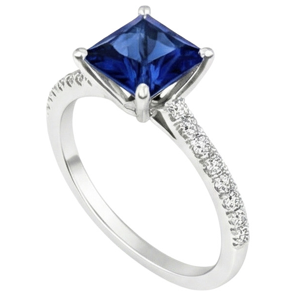 Anello Solitario Principessa 6 Carati Zaffiro Ceylon Con Pavimenti Incastonati Accenti