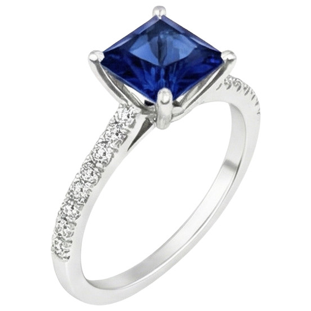 Anello Solitario Principessa 6 Carati Zaffiro Ceylon Con Pavimenti Incastonati Accenti