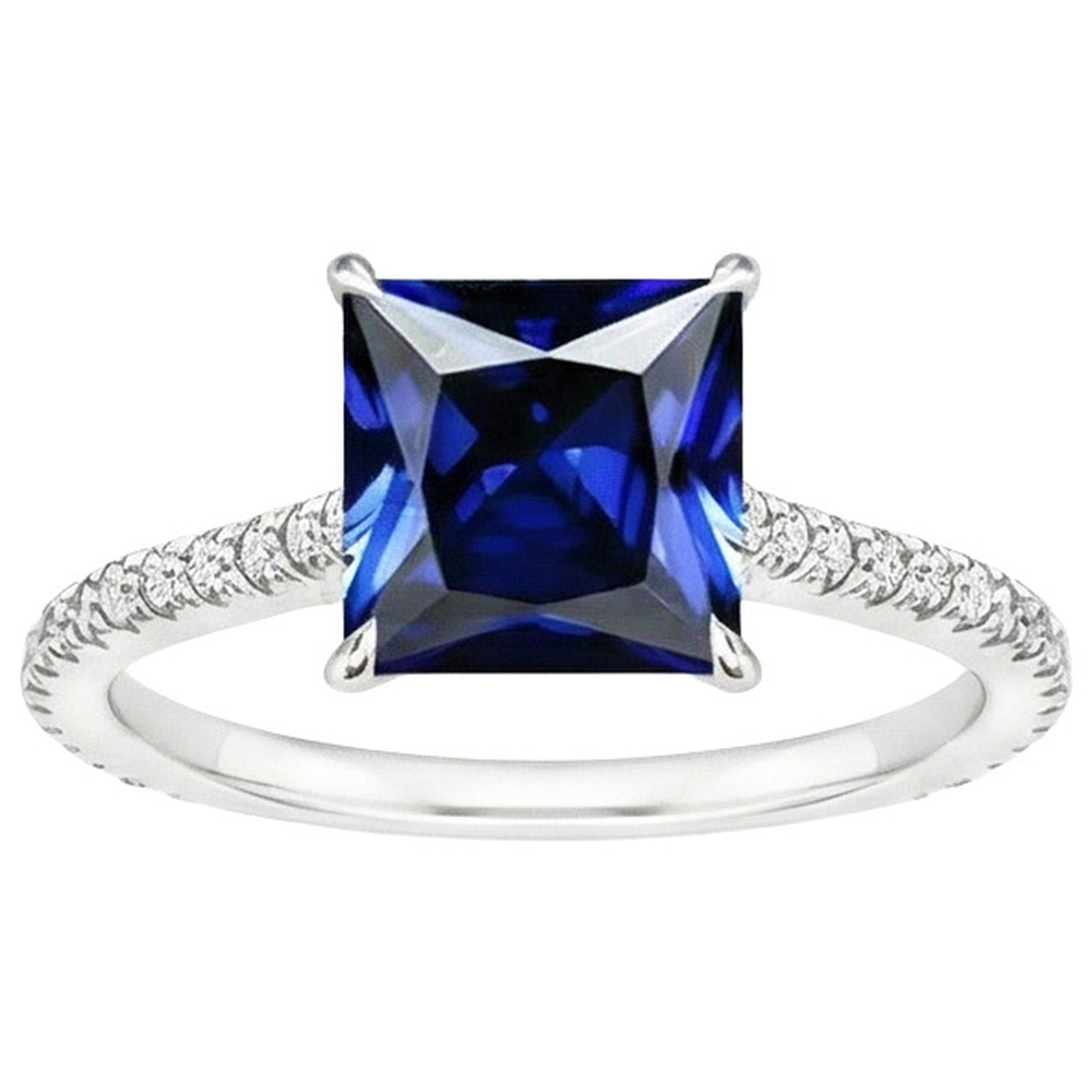 Anello Solitario Principessa 6 Carati Zaffiro Ceylon Con Pavimenti Incastonati Accenti