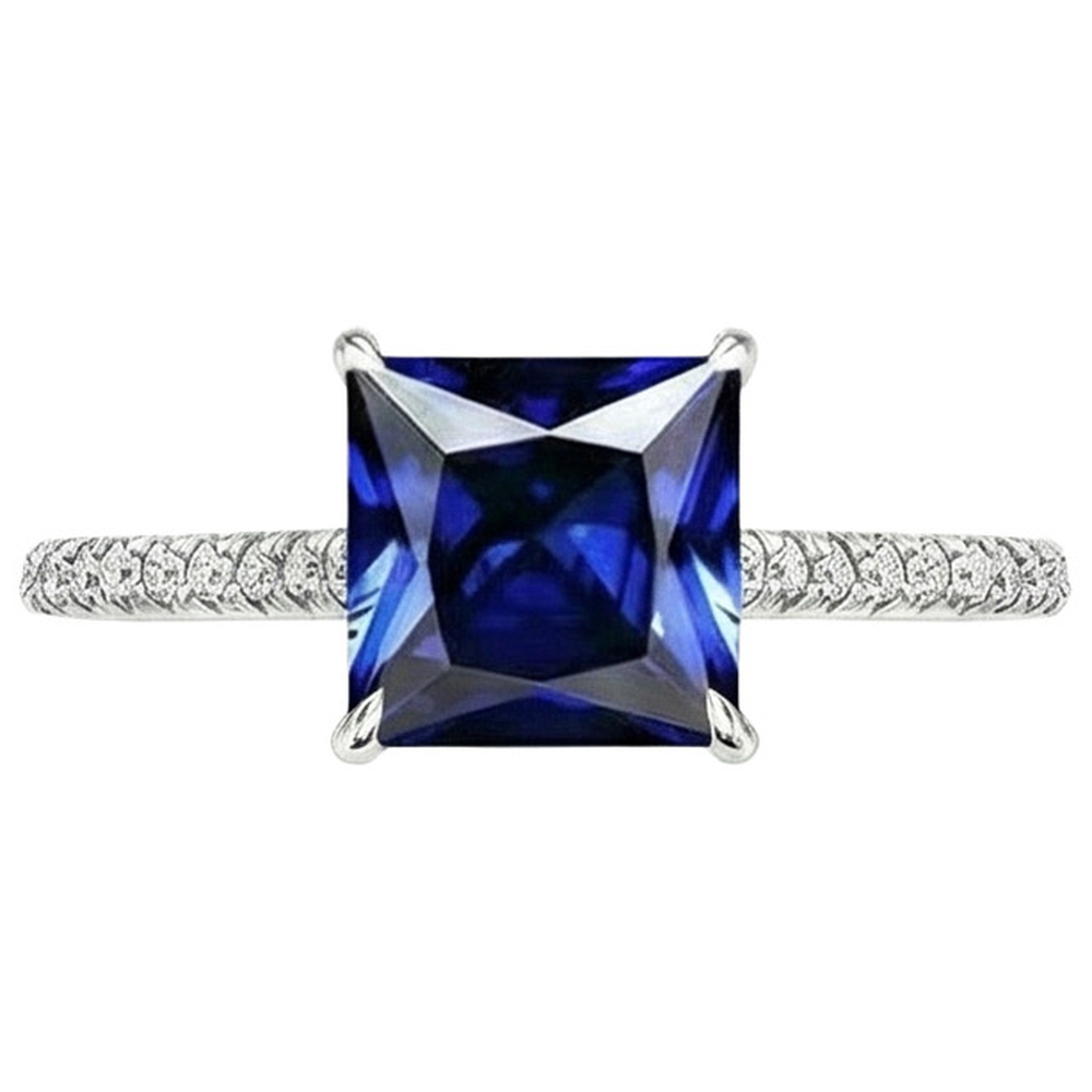 Anello Solitario Principessa 6 Carati Zaffiro Ceylon Con Pavimenti Incastonati Accenti