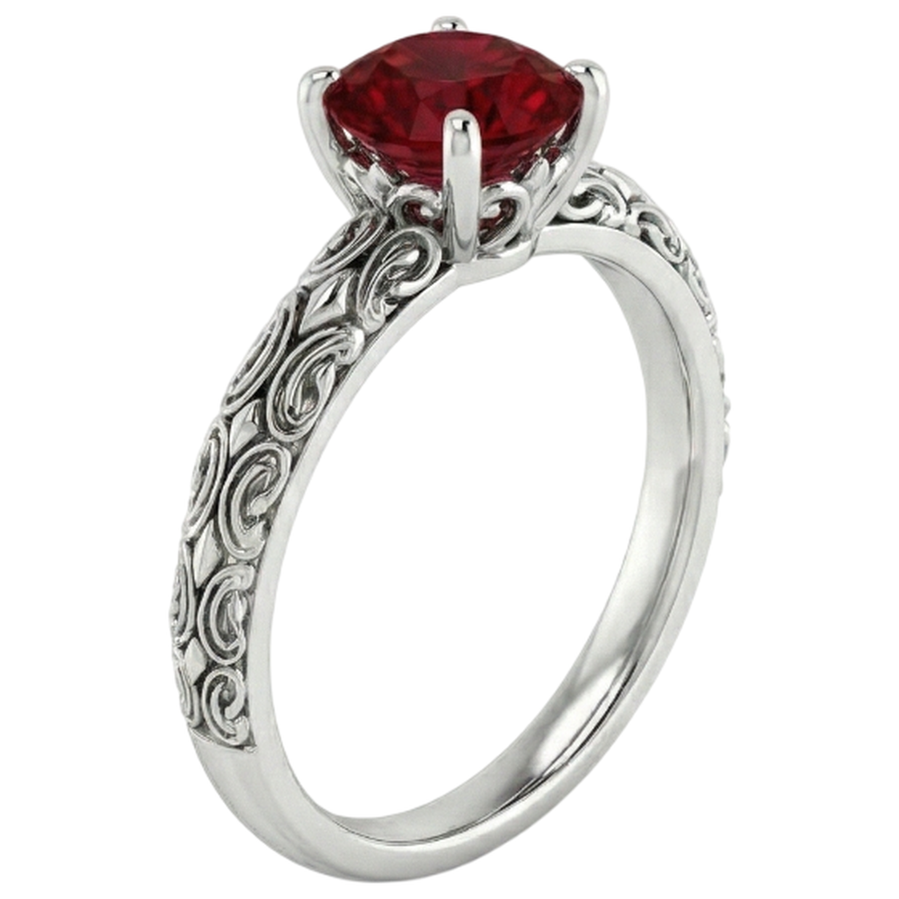 Anello Solitario Rubino Stile Antico Oro Bianco 1.50 Carati 14K
