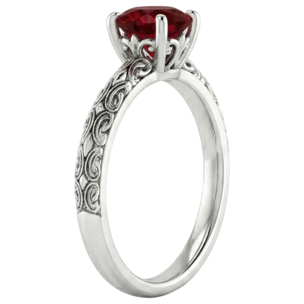 Anello Solitario Rubino Stile Antico Oro Bianco 1.50 Carati 14K
