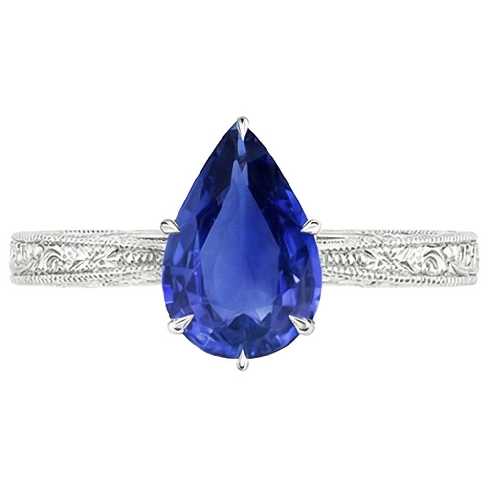 Anello Solitario Stile Antico Taglio Pera Zaffiro Sri Lanka 2 Carati