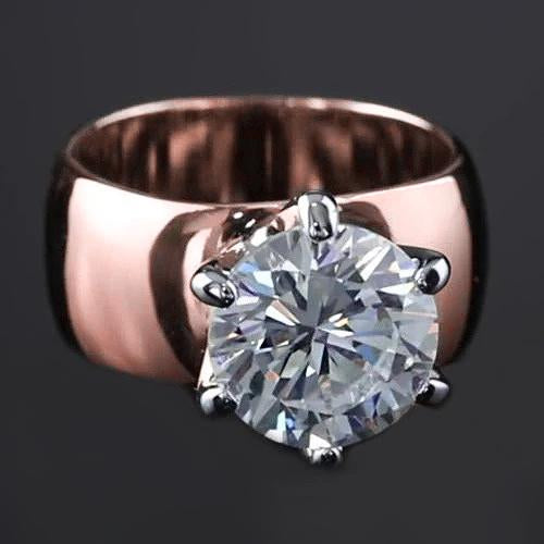 Anello Solitario Vero Diamante Rotondo 2.50 Carati Gambo Spesso In Oro Rosa 14K