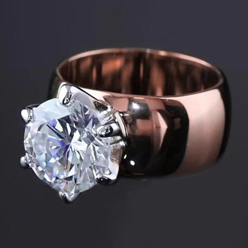 Anello Solitario Vero Diamante Rotondo 2.50 Carati Gambo Spesso In Oro Rosa 14K