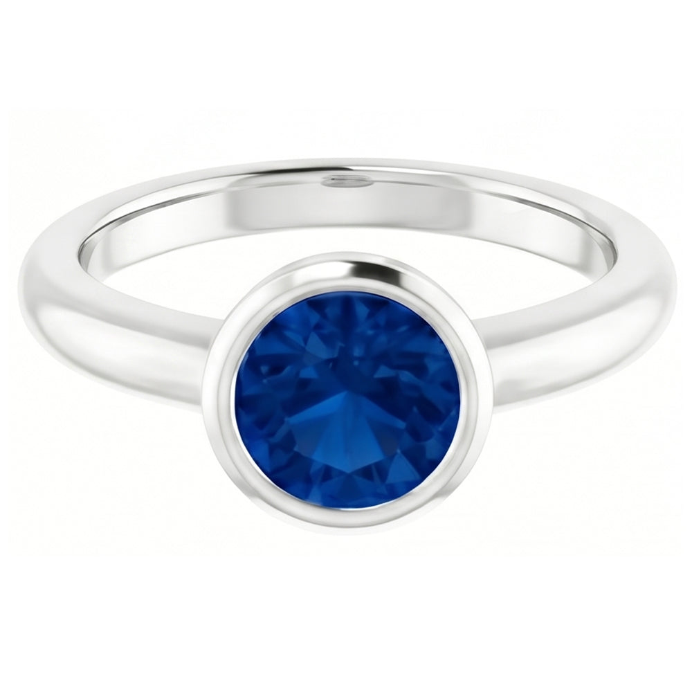 Anello Solitario Zaffiro Blu 0.75 Carati Lunetta Incastonata Oro Bianco 14K