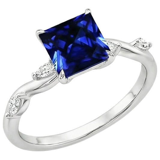 Anello Solitario Zaffiro Blu Con Accenti Diamanti Marquise 5.50 Carati