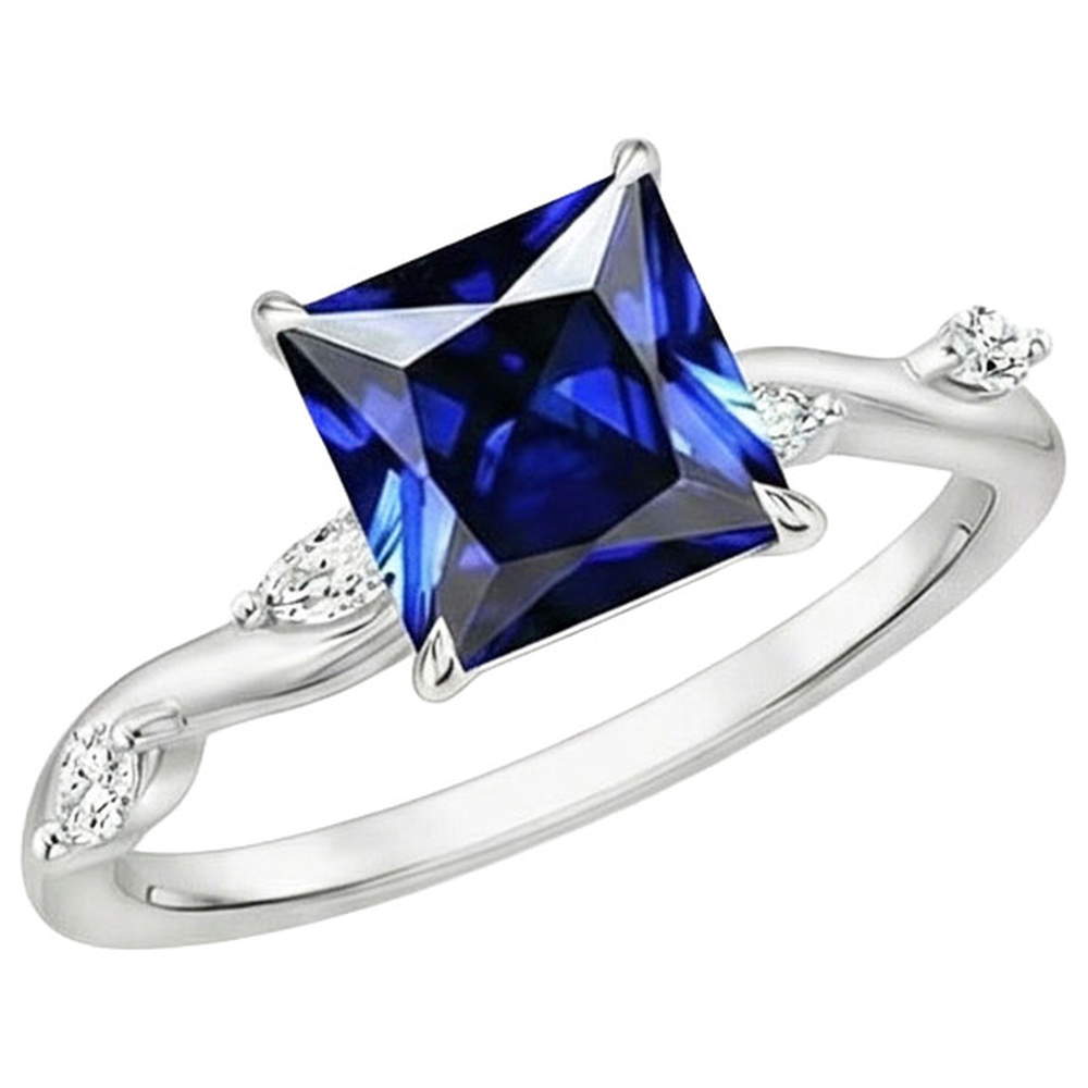 Anello Solitario Zaffiro Blu Con Accenti Diamanti Marquise 5.50 Carati