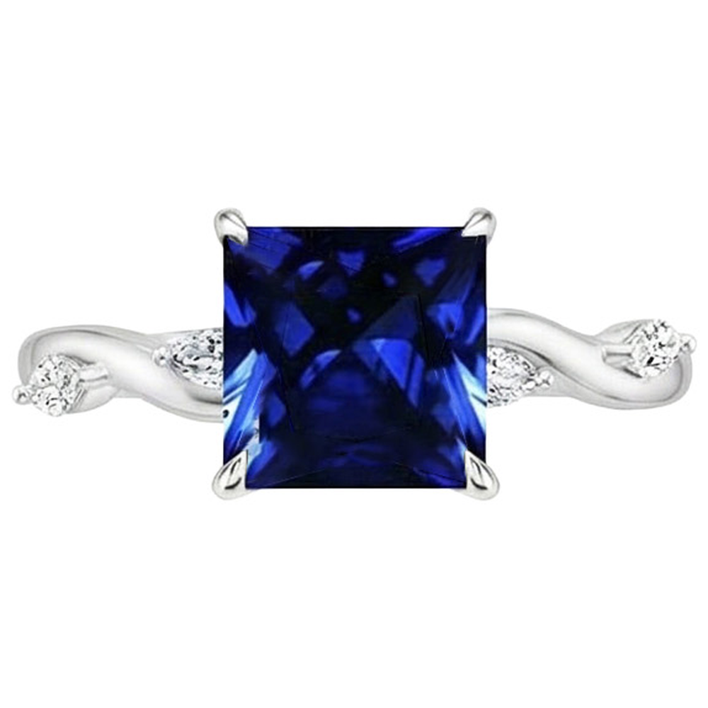 Anello Solitario Zaffiro Blu Con Accenti Diamanti Marquise 5.50 Carati