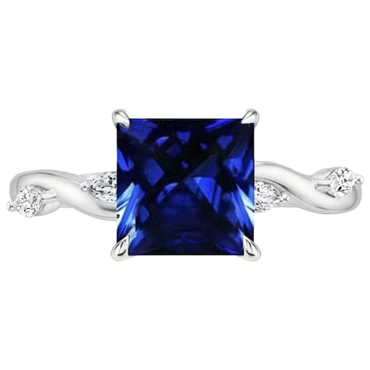 Anello Solitario Zaffiro Blu Con Accenti Diamanti Marquise 5.50 Carati