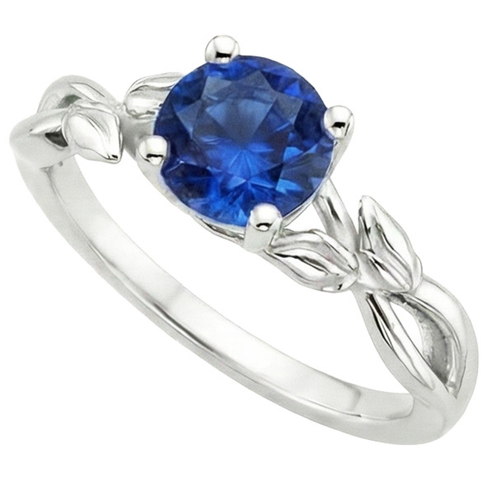 Anello Solitario Zaffiro Blu Naturale Con Gambo Diviso Stile Foglia 2 Carati